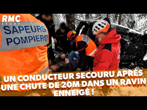 Un conducteur secouru après une chute de 20m dans un ravin enneigé
